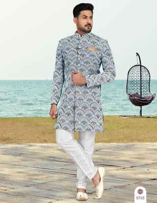Blue & off white full computer amrodery sherwani set with thred, stone & hand work with fancy botton 1