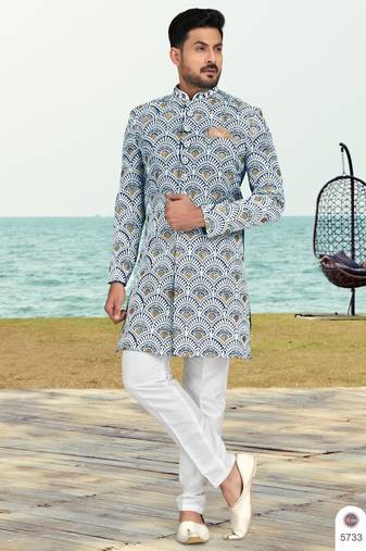 Blue & off white full computer amrodery sherwani set with thred, stone & hand work with fancy botton