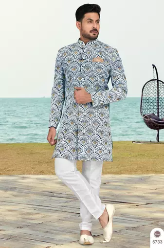 Blue & off white full computer amrodery sherwani set with thred, stone & hand work with fancy botton
