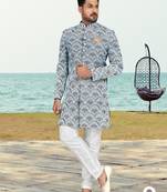 Blue & off white full computer amrodery sherwani set with thred, stone & hand work with fancy botton