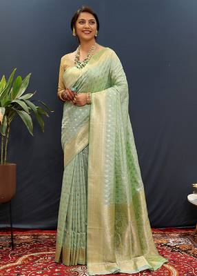 Mint green banarasi silk blend saree with zari buti & rich woven border 2