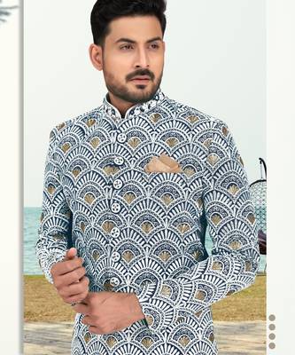 Blue & off white full computer amrodery sherwani set with thred, stone & hand work with fancy botton 2