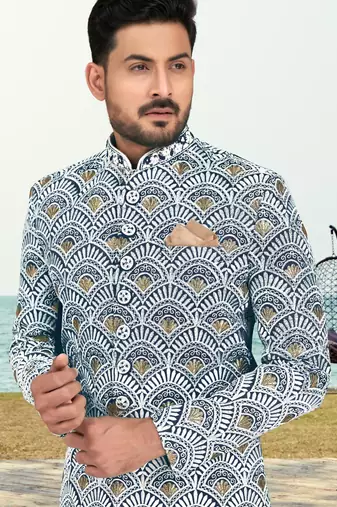 Blue & off white full computer amrodery sherwani set with thred, stone & hand work with fancy botton