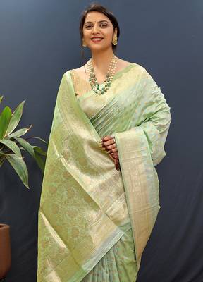 Mint green banarasi silk blend saree with zari buti & rich woven border 3