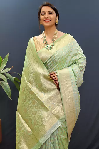 Mint green banarasi silk blend saree with zari buti & rich woven border
