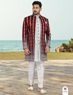 Maroon & off white full computer amrodery two pice sherwani set with thred  work with fancy botton 1