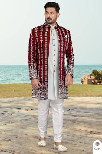 Maroon & off white full computer amrodery two pice sherwani set with thred  work with fancy botton