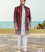Maroon & off white full computer amrodery two pice sherwani set with thred  work with fancy botton