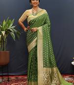 Dark green banarasi silk blend saree with zari buti & rich woven border