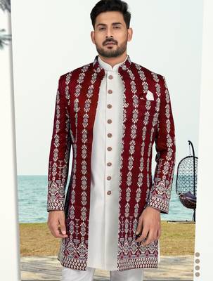 Maroon & off white full computer amrodery two pice sherwani set with thred  work with fancy botton 2