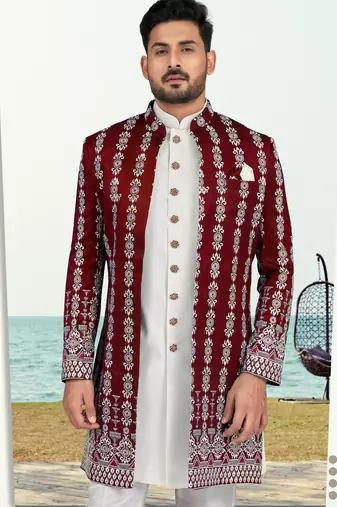 Maroon & off white full computer amrodery two pice sherwani set with thred  work with fancy botton