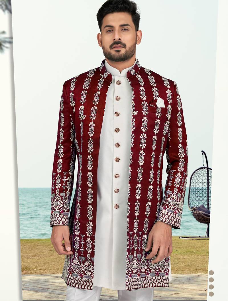 Maroon & off white full computer amrodery two pice sherwani set with thred  work with fancy botton