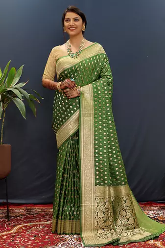 Dark green banarasi silk blend saree with zari buti & rich woven border