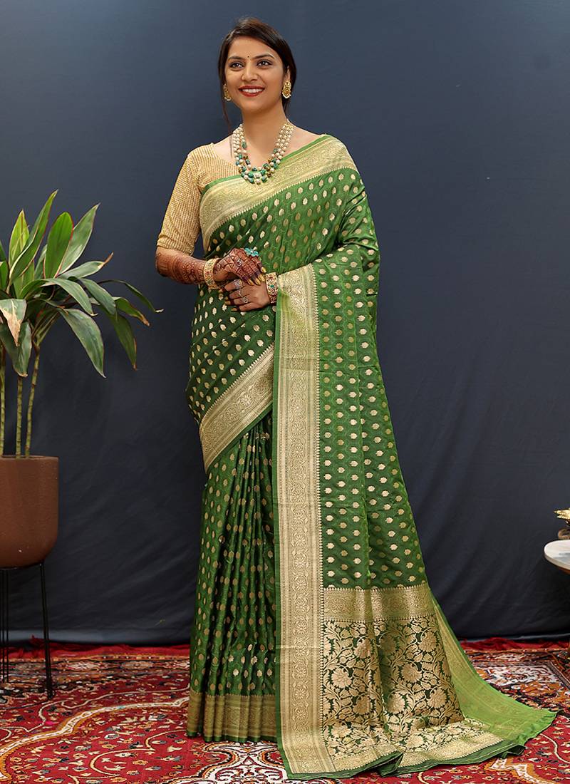 Dark green banarasi silk blend saree with zari buti & rich woven border