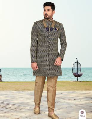 Nevy blue colour full computer amrodery sherwani set with thred, stone & hand work with fancy botton 1