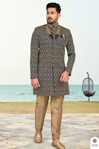 Nevy blue colour full computer amrodery sherwani set with thred, stone & hand work with fancy botton