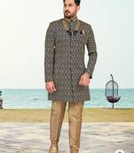 Nevy blue colour full computer amrodery sherwani set with thred, stone & hand work with fancy botton