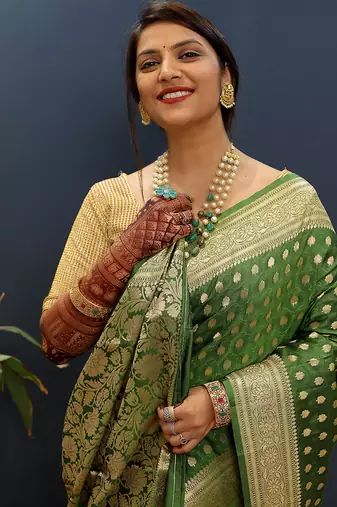 Dark green banarasi silk blend saree with zari buti & rich woven border
