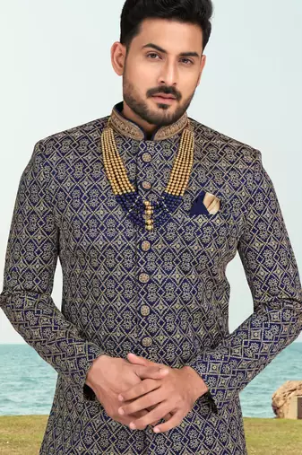 Nevy blue colour full computer amrodery sherwani set with thred, stone & hand work with fancy botton