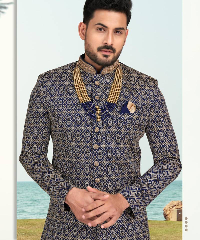 Nevy blue colour full computer amrodery sherwani set with thred, stone & hand work with fancy botton