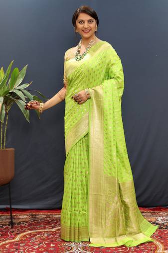 Parrot green banarasi silk blend saree with zari buti & rich woven border