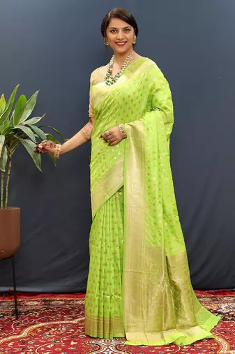 Parrot green banarasi silk blend saree with zari buti & rich woven border