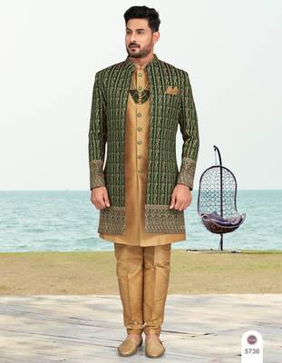Green & beige colour full computer amrodery two pice sherwani set with thred  work with fancy botton 1