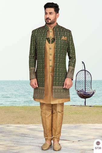 Green & beige colour full computer amrodery two pice sherwani set with thred  work with fancy botton
