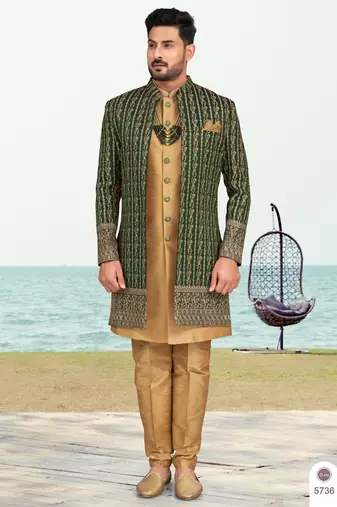 Green & beige colour full computer amrodery two pice sherwani set with thred  work with fancy botton