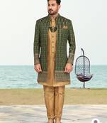 Green & beige colour full computer amrodery two pice sherwani set with thred  work with fancy botton