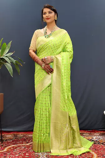 Parrot green banarasi silk blend saree with zari buti & rich woven border
