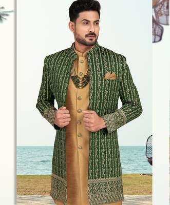 Green & beige colour full computer amrodery two pice sherwani set with thred  work with fancy botton 2