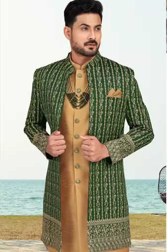Green & beige colour full computer amrodery two pice sherwani set with thred  work with fancy botton