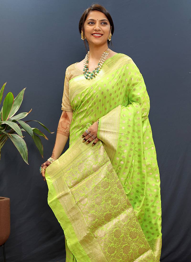 Parrot green banarasi silk blend saree with zari buti & rich woven border