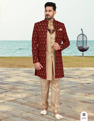 Maroon & faun colour full computer amrodery two pice sherwani set with thred  work with fancy botton 1