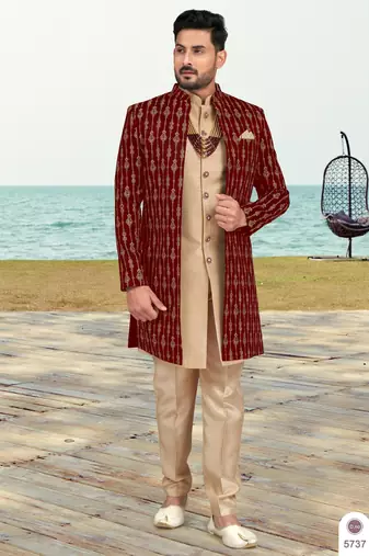 Maroon & faun colour full computer amrodery two pice sherwani set with thred  work with fancy botton