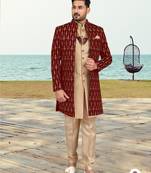 Maroon & faun colour full computer amrodery two pice sherwani set with thred  work with fancy botton