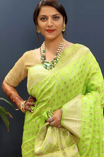 Parrot green banarasi silk blend saree with zari buti & rich woven border