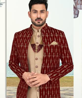 Maroon & faun colour full computer amrodery two pice sherwani set with thred  work with fancy botton 2