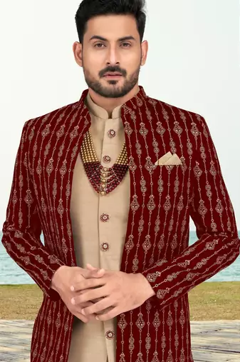 Maroon & faun colour full computer amrodery two pice sherwani set with thred  work with fancy botton