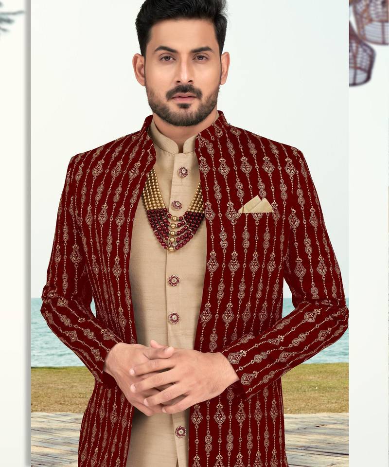 Maroon & faun colour full computer amrodery two pice sherwani set with thred  work with fancy botton