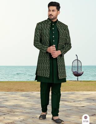 Green colour full computer amrodery two pice sherwani set with thred  work with fancy botton 1