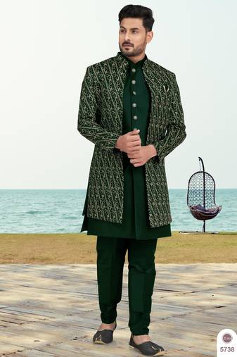 Green colour full computer amrodery two pice sherwani set with thred  work with fancy botton