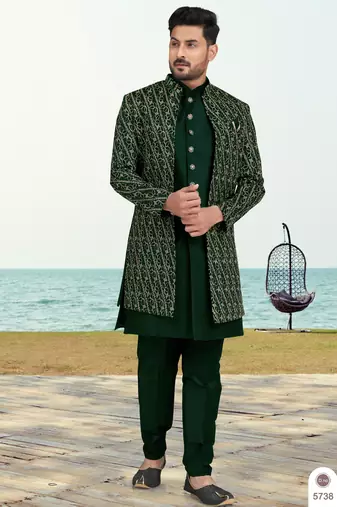 Green colour full computer amrodery two pice sherwani set with thred  work with fancy botton