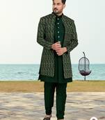 Green colour full computer amrodery two pice sherwani set with thred  work with fancy botton