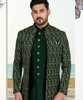 Green colour full computer amrodery two pice sherwani set with thred  work with fancy botton 2