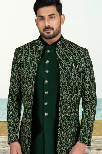 Green colour full computer amrodery two pice sherwani set with thred  work with fancy botton