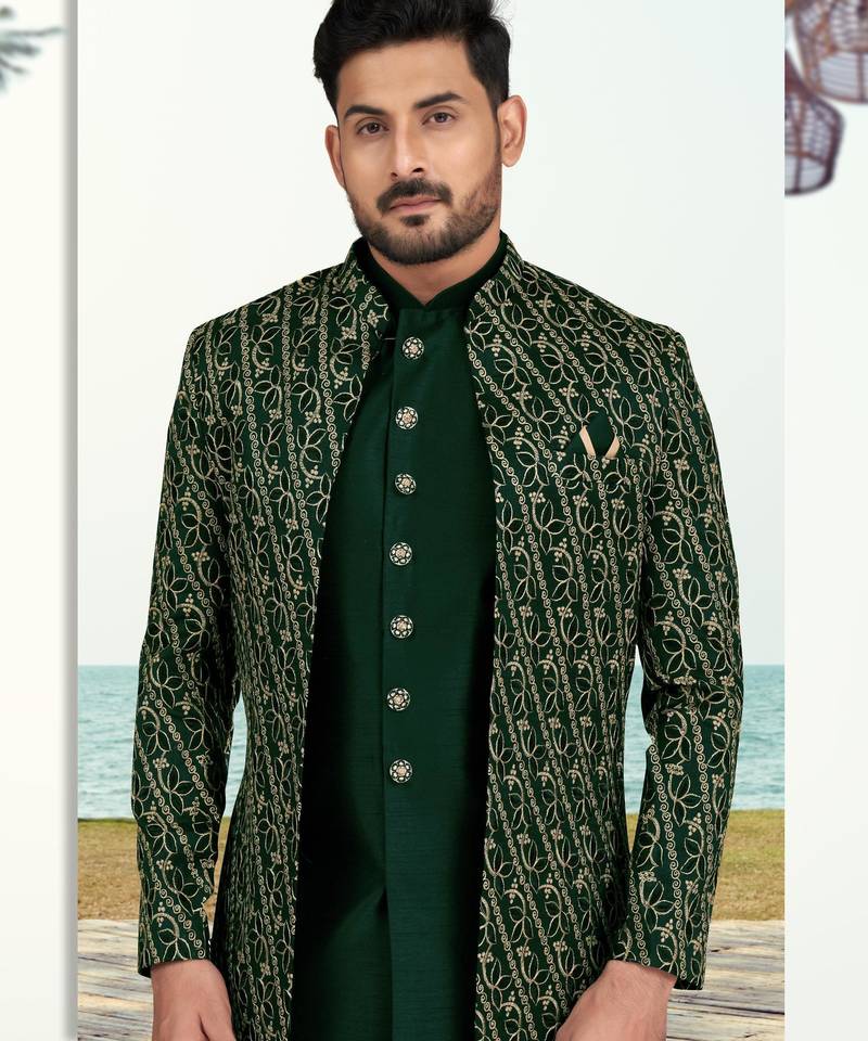 Green colour full computer amrodery two pice sherwani set with thred  work with fancy botton