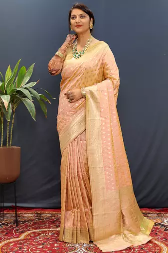 Peach banarasi silk blend saree with zari buti & rich woven border