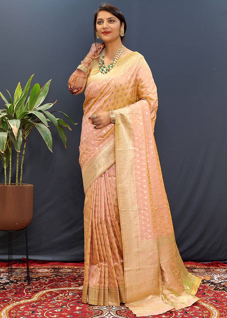 Peach banarasi silk blend saree with zari buti & rich woven border